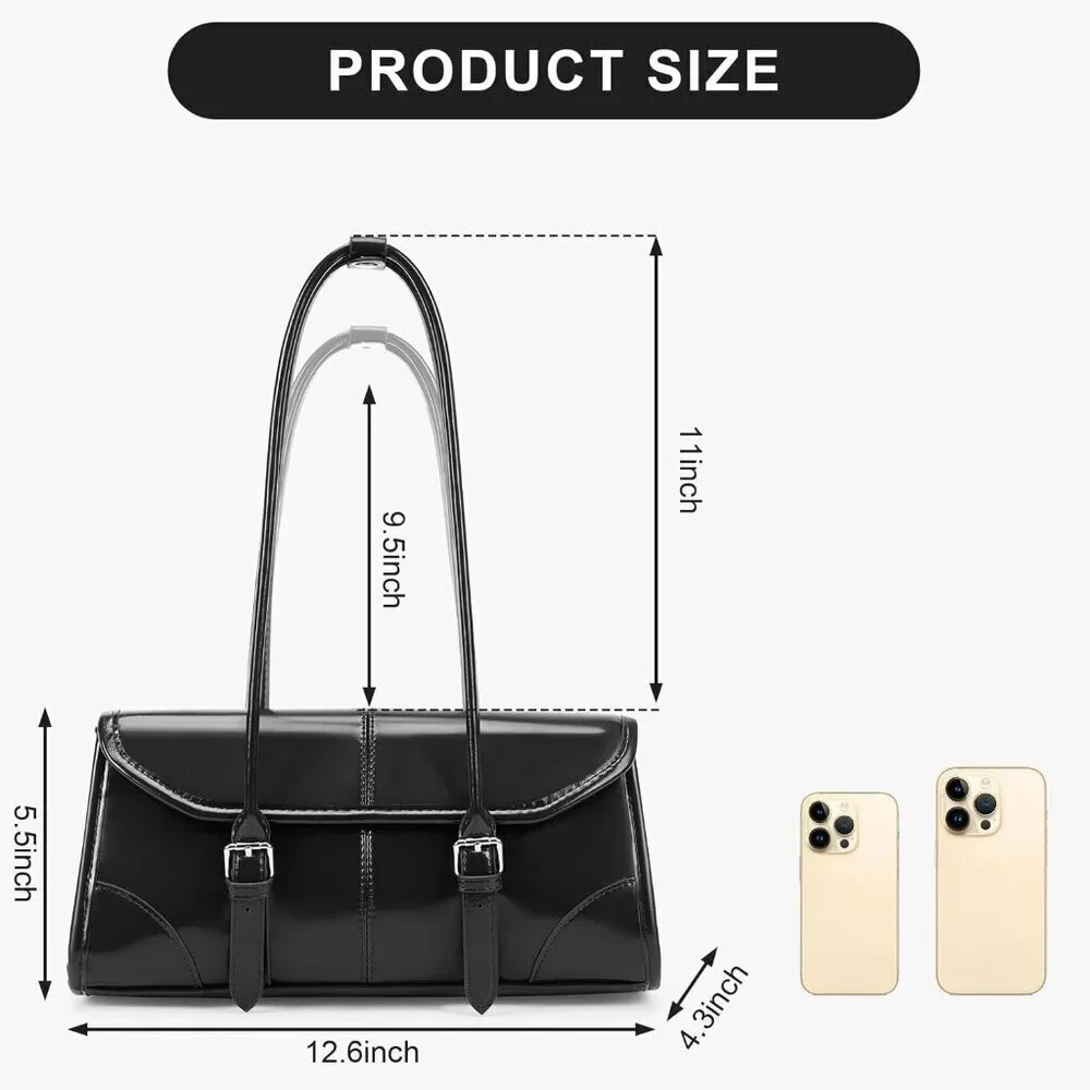 Women's Black Faux Leather Tote Bag Small Shoulder Handbag Purse